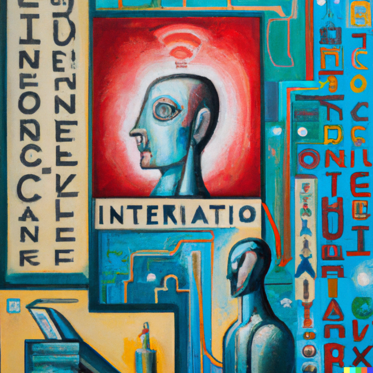 A DALL-E generated image that shows a person-figure sitting in front of what appears to be a computer and with the words artificial intelligence and interaction misspelled