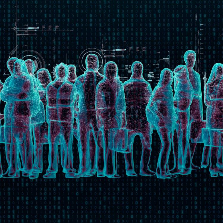 A futuristic image of outlines of a group of 14 people as if seen through a scanner.