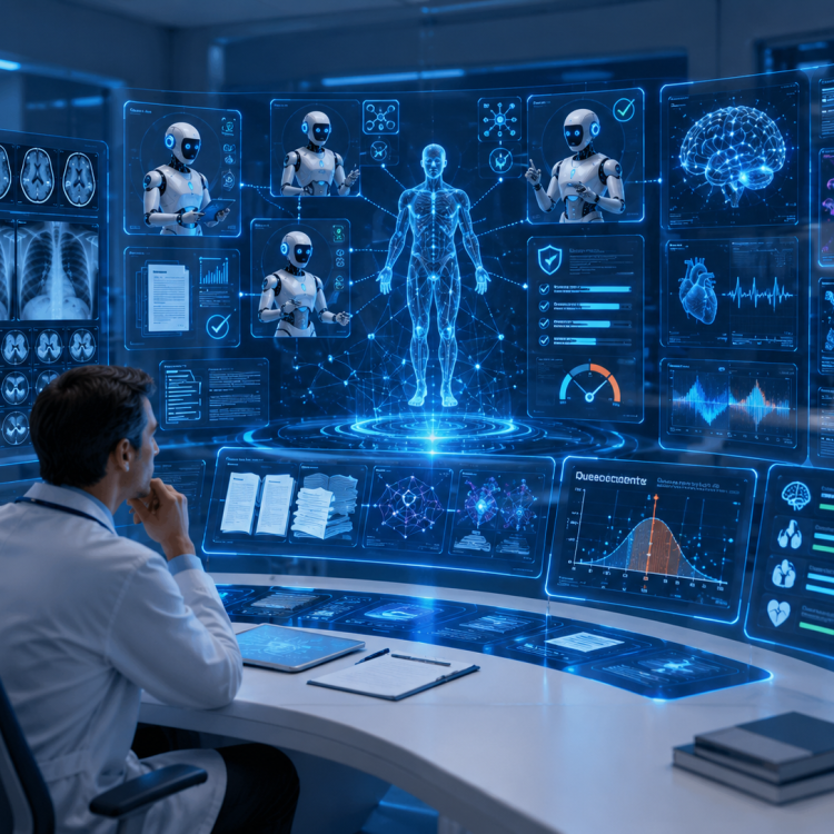 A clinician reviews patient data with multiple AI agents collaborating to analyse medical images, clinical records, and biomedical information on an interactive decision support dashboard.