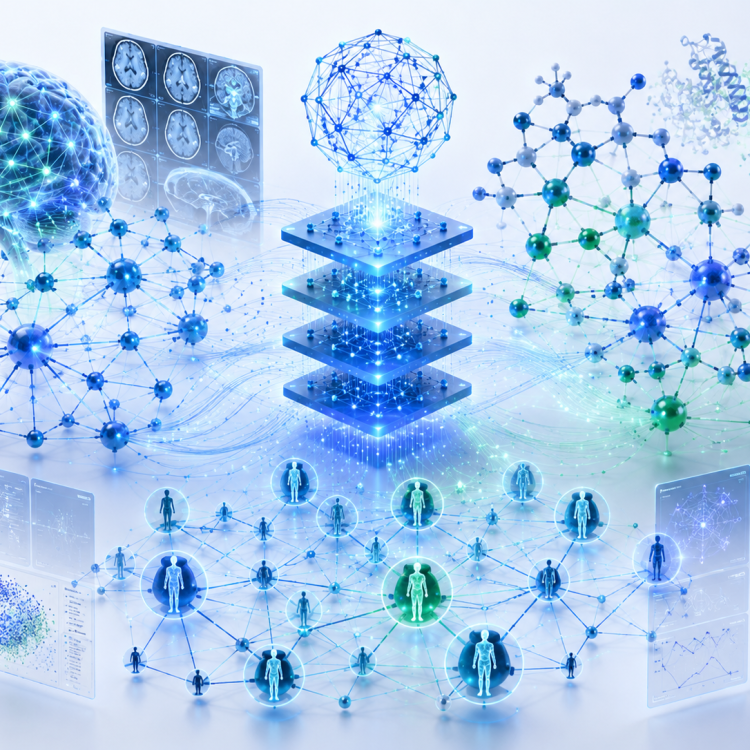 An abstract visualization of interconnected graph neural networks, biomedical data, and foundation AI models representing graph-based learning for medical applications.