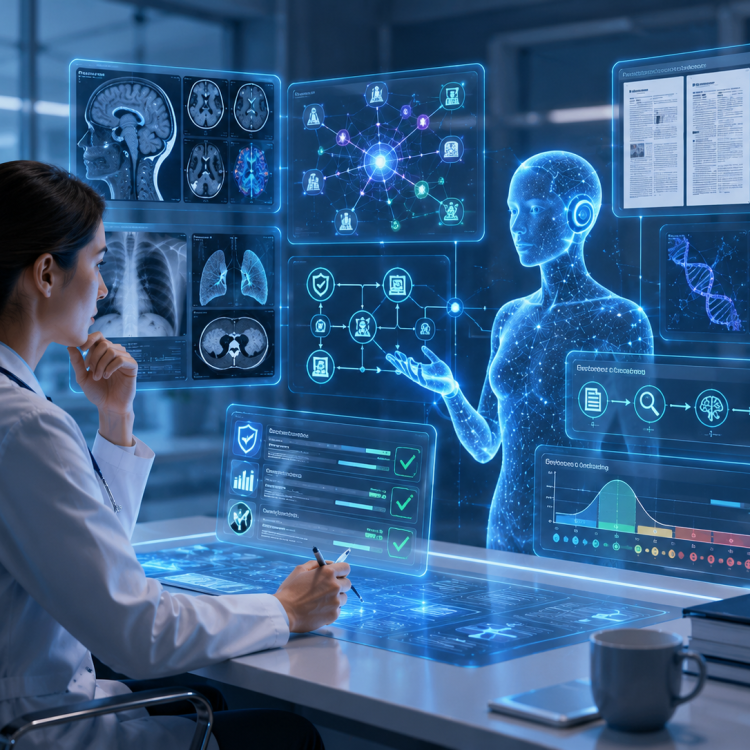 A clinician interacts with an AI assistant that explains medical predictions using biomedical literature, medical images, and transparent reasoning through an interactive interface.