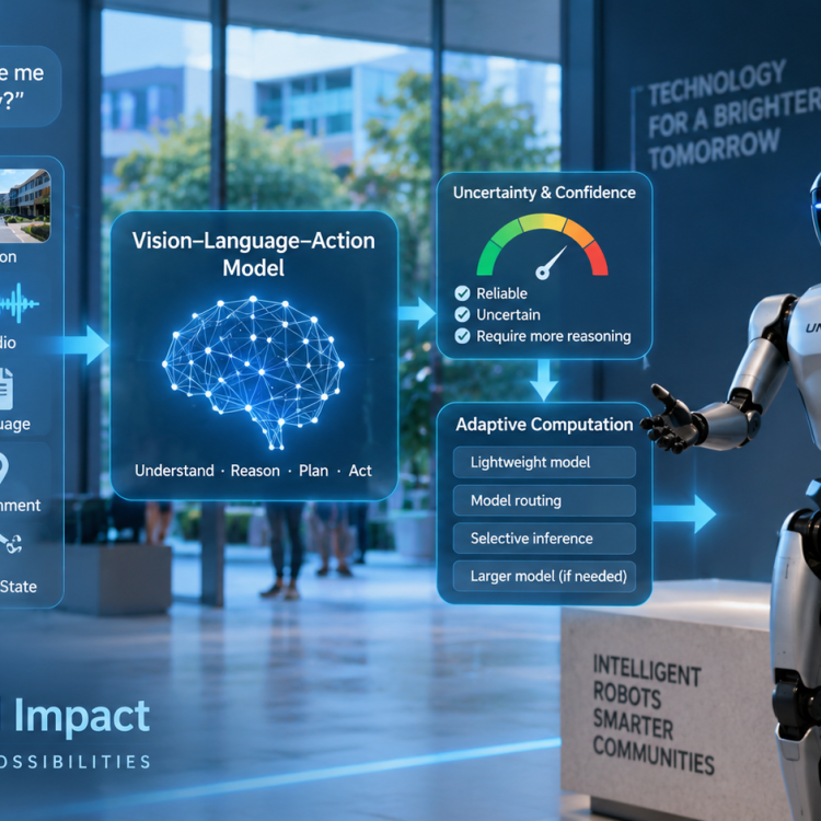 Conceptual illustration of a humanoid robot using a trustworthy, resource-adaptive Vision-Language-Action model for perception, reasoning, uncertainty estimation, and real-world interaction.