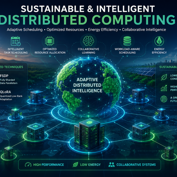 Illustration of a sustainable distributed computing network showing interconnected servers, AI-driven task scheduling, and renewable energy sources representing energy-efficient, adaptive, and intelligent distributed systems.